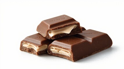 Fototapeta premium Chocolate bars display cut filling layers on white background snack still life closeup