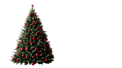 Ornate Christmas tree with red balls, celebration, cut out transparent