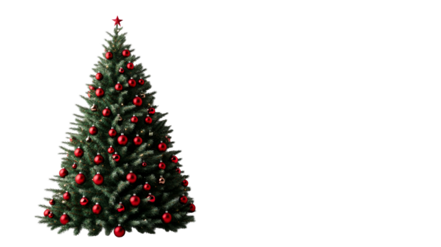 Ornate Christmas tree with red balls, celebration, cut out transparent