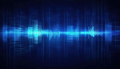 A blue soundwave graphic with fluctuating waveform lines, a deep blue gradient background