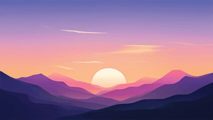 Serene sunset over layered purple and blue mountains. Mountain range peak with sunset. 