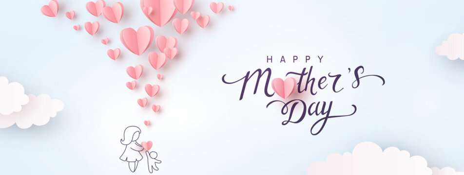 Mother's day postcard with pink paper flying elements on blue sky background. Drawing mum and child. Vector symbols of love in shape of heart for greeting card design
