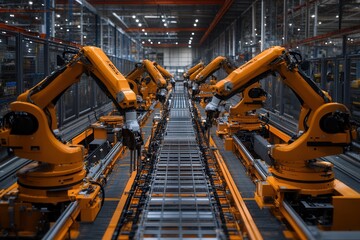 Industrial robotic arms work on an automated assembly line in a modern manufacturing facility.