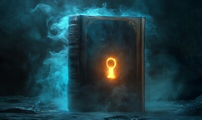 Fototapeta premium An old book with a glowing keyhole amidst swirling mist