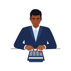Professional man in a suit calculating financial data with a calculator in a minimal flat vector illustration