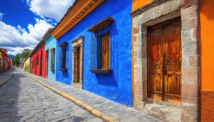 Obraz premium A colorful street with vibrant houses in blue, orange, and red hues, a cobblestone road, distant hills and a blue sky with white clouds in the background
