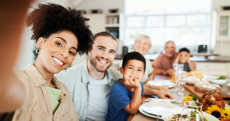 Smile, selfie and lunch with big family in dining room for photography, food and nutrition. Picture, happiness and grandparents with child and parents at home for relax, memory and portrait