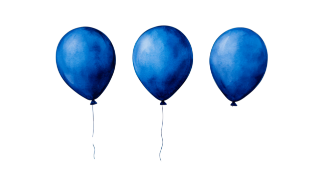 Three party blue balloons, festive decoration, celebration, cut out transparent
