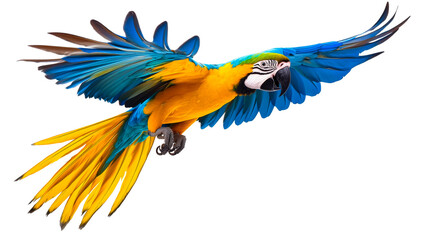 Fototapeta premium Vivid macaw parrot soars, feathers in colorful flight, cut out transparent