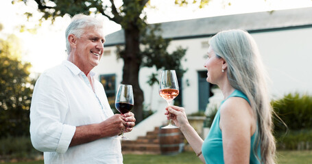 Love, bonding and wine with old couple in nature for romance, anniversary date and drink. Happiness, retirement and support with senior man and woman at vineyard resort for glass, relax and vacation