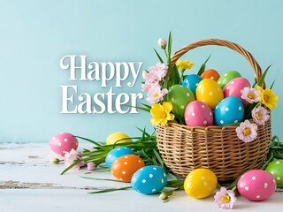 Beautiful Easter Basket Filled with Colorful Polka-Dot Eggs and Fresh Spring Flowers on a Rustic Wooden Table Against a Soft Pastel Blue Background for a Joyful Holiday Celebration. Easter Holiday art