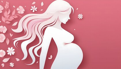 beautiful smile pregnant mom, papercut illustration, isolated on a pink background, flat vector illustration, copy space for text