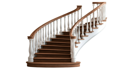 Curved Staircase with Wood Steps and White Railing, cut out transparent