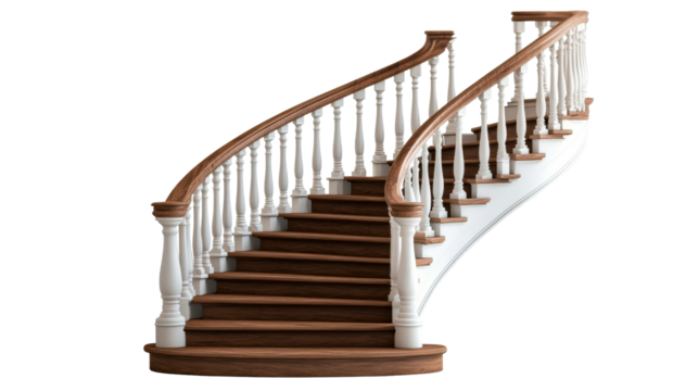 Curved Staircase with Wood Steps and White Railing, cut out transparent