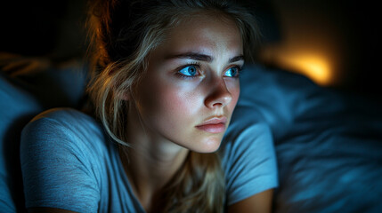 Fototapeta premium Young woman gazing thoughtfully in dim light at night