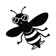 A cute yellow and black 3d cartoon bee character with a happy smile flies with sweet honey