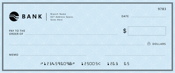 Blue Bank check, vector blank money cheque, checkbook template with guilloche pattern and fields. Currency payment coupon, money check background