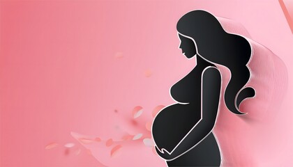 beautiful smile pregnant mom, papercut illustration, isolated on a pink background, flat vector illustration, copy space for text