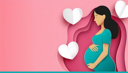 beautiful smile pregnant mom, papercut illustration, isolated on a pink background, flat vector illustration, copy space for text