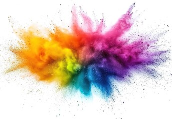 A burst of colorful powder in purple, pink, yellow, blue, and green, spreading in the air, a pure white background
