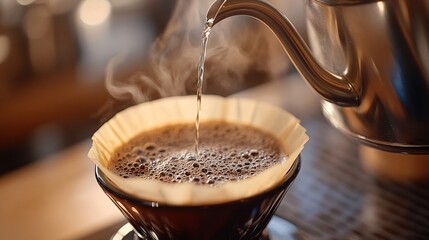 Water pours from a kettle into a paper filter, initiating the coffee brewing process.