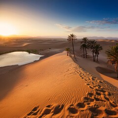 Here's the image based on your description of a sunset scene in the desert and beach, featuring sand dunes, the ocean, and footprints in the sand For naming it, you could consider something like Sunse