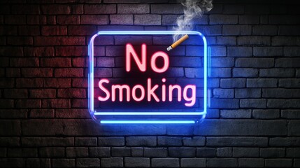 futuristic no smoking sign, vibrant neon no smoking sign with stylized cigarette icon and animated smoke effect on a dark brick wall futuristic vibe