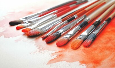 Fototapeta premium Close-up of paintbrushes smeared with red and orange paint laying on a watercolor background.
