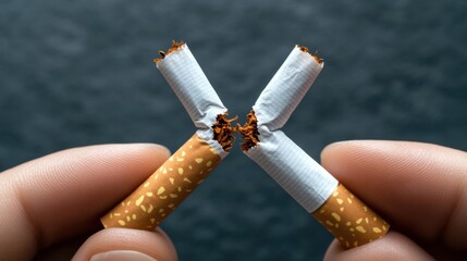 health and wellness, a person dramatically breaks a cigarette in half as a symbolic gesture of quitting smoking, captured in close-up with powerful lighting and high detail