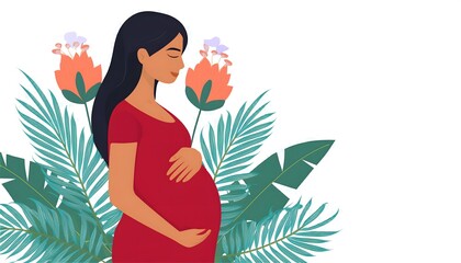 beautiful smile pregnant mom, flower and leaves, isolated on a white background, flat vector illustration, copy space for text; concept of health care pregnancy