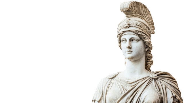 Athena statue in helmet, classic marble sculpture isolated, cut out transparent