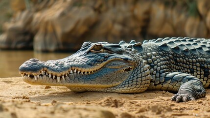 Obraz premium Closeup of a Crocodile Resting on the Riverbank