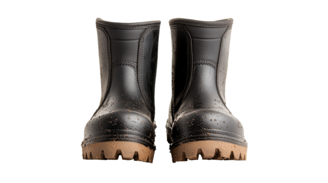 Muddy work boots, protective footwear, rubber boots, isolated, cut out transparent