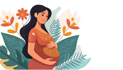 beautiful smile pregnant mom, flower and leaves, isolated on a white background, flat vector illustration, copy space for text; concept of health care pregnancy
