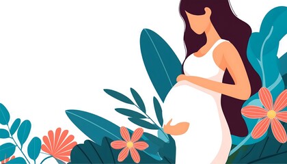 beautiful smile pregnant mom, flower and leaves, isolated on a white background, flat vector illustration, copy space for text; concept of health care pregnancy