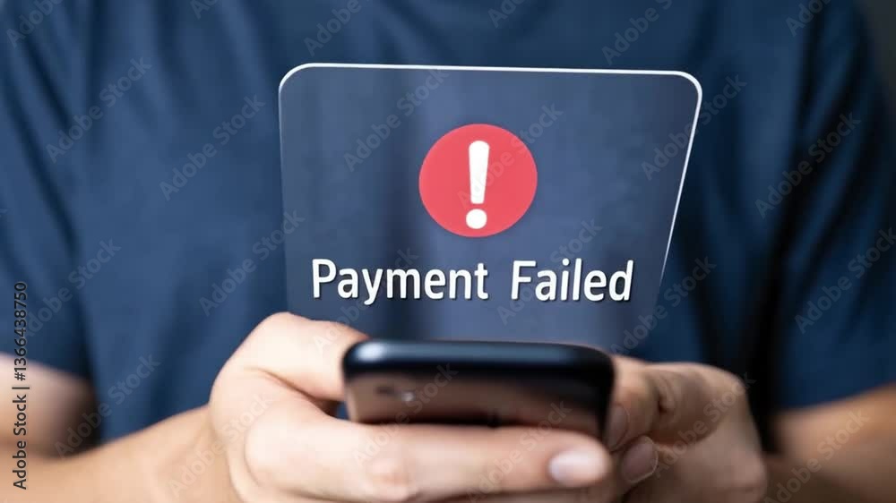 Poster A person holding a phone displaying a payment failed notification with a red exclamation point icon