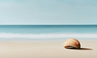 Obraz premium A delicate seashell sits peacefully on a sandy beach with the tranquil ocean in the background.