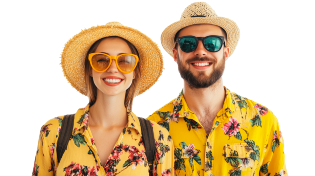 Happy couple in summer clothes isolated on black background, cut out transparent