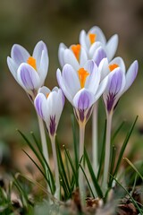 Fototapeta premium Closeup of Delicate Purple and White Crocus Flowers in Spring