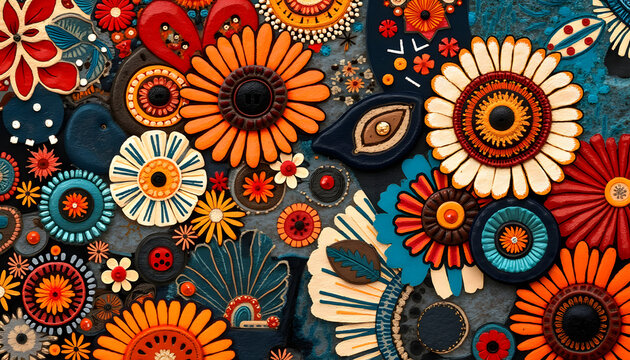 Ethnic patchwork: Illustration combining traditional floral patterns from different cultures (such as Indian or African) and unique buttons reflecting ethnic motifs.
