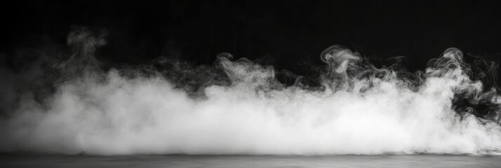 A dramatic monochrome scene featuring a low-lying fog blanketing a reflective surface. creating an atmospheric depth with shadows and light interplay in the background