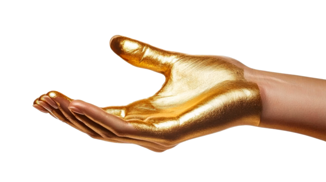 Golden hand holding gesture with reflective surface texture, cut out transparent