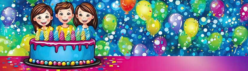 Kids celebrating birthday, cake, balloons, party