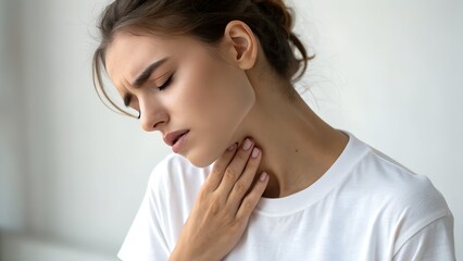 Young woman touching her throat with painful expression, suffering from sore throat or inflammation. Concept of illness, cold symptoms, and seasonal infection.