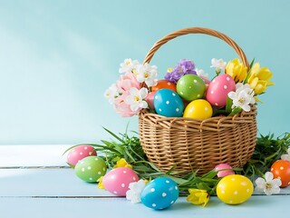 Beautiful Easter Basket Filled with Colorful Polka-Dot Eggs and Fresh Spring Flowers on a Rustic Wooden Table Against a Soft Pastel Blue Background for a Joyful Holiday Celebration. Easter Holiday art