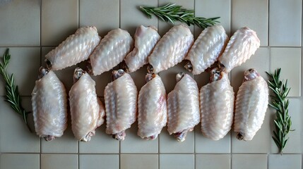 Raw Chicken Wings with Rosemary, Flat Lay Food Photography