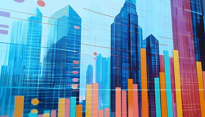 Business management data and economic indicator. Financial and statistical information. Many graphs and charts on background of tall buildings.

