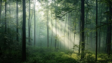 Obraz premium Serene forest with sunlight filtering through tall trees and lush green foliage