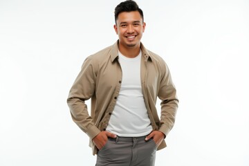Fototapeta premium Half-Length (Waist-Up) portrait of young stylish smiling Samoan male model in western wear isolated on pure white background looking at camera