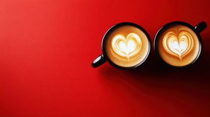 Two Latte Art Heart Cups on Red Background